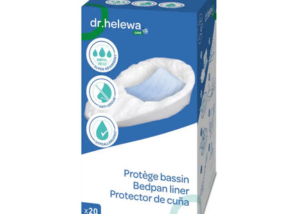 Bedpan met 20 hygiënische, absorberende inleggers voor veilig afvalbeheer en geurbestrijding.