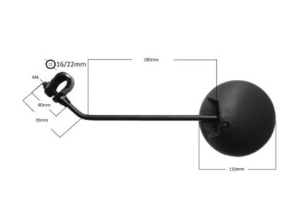 Scootmobiel spiegels Rond met afmetingen en bevestiging voor optimale zichtbaarheid op een scootmobiel.